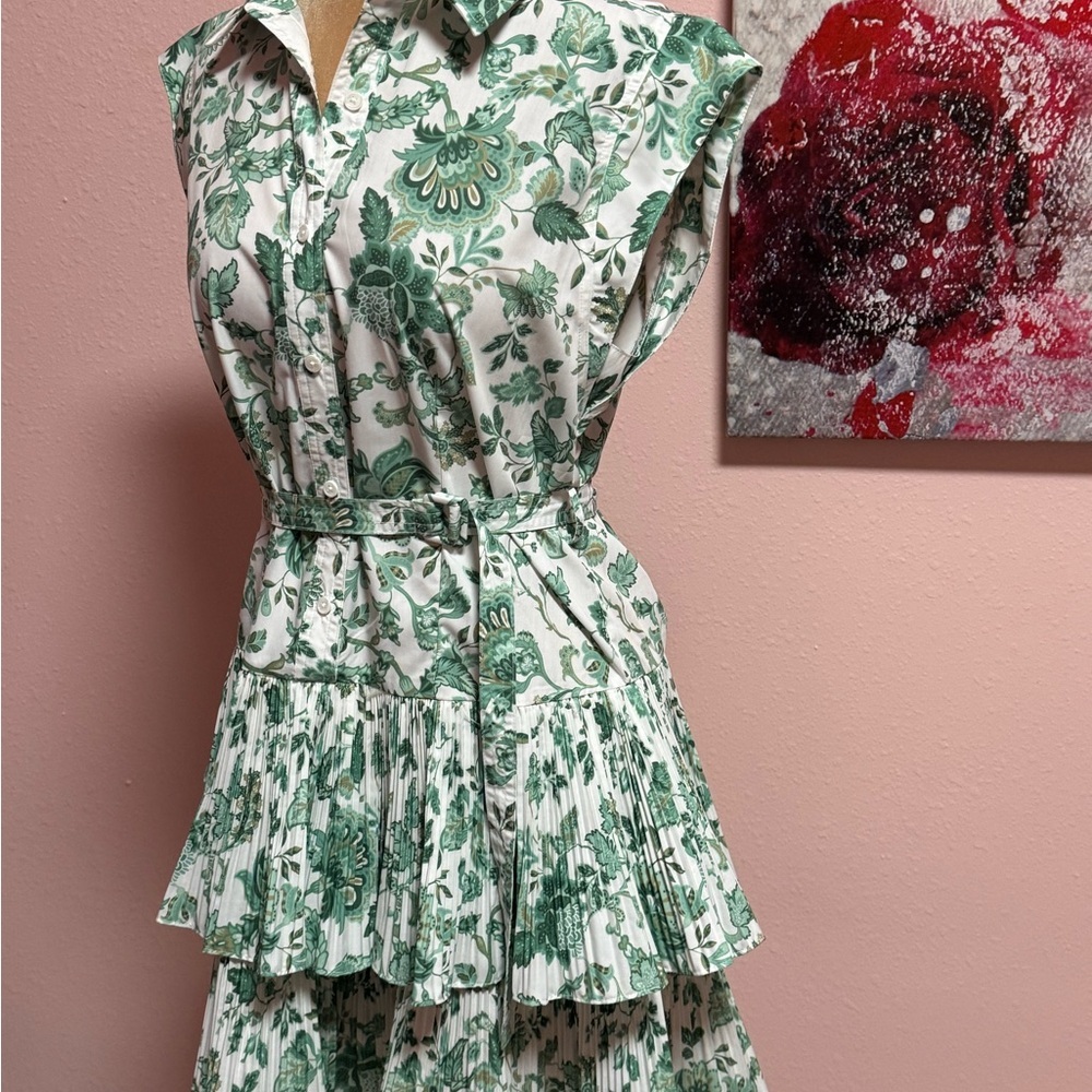 Anthropologie Current Air Green Floral Micro Ruffle Dress M - Picture 2 of 10